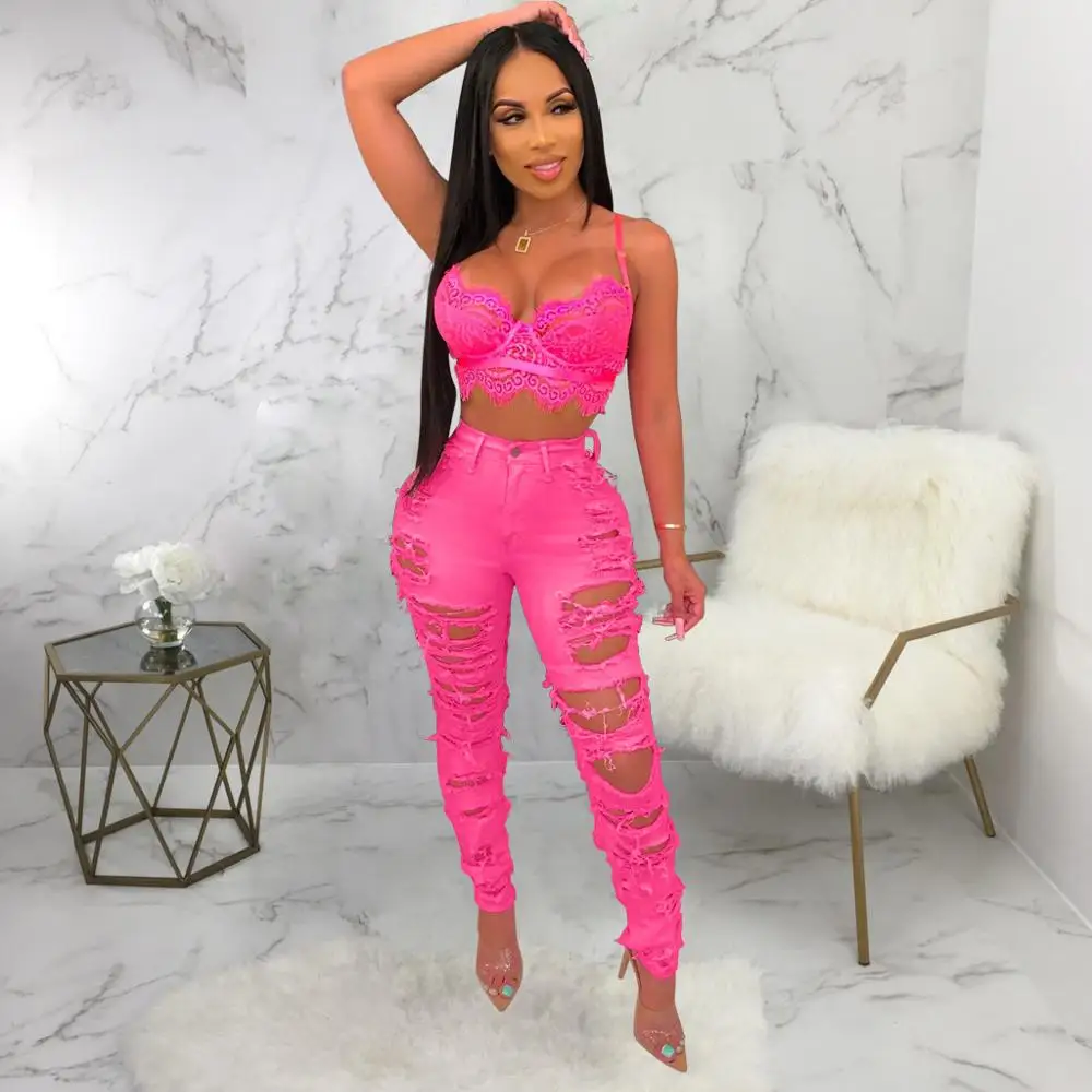 Bkld новые женские джинсовые брюки летние рваные узкие брюки Клубная одежда модные неоновые женские облегающие джинсы с высокой талией брюки женские