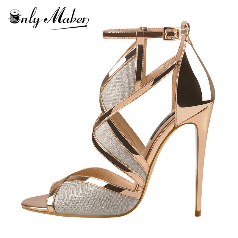 

Onlymaker Women Peep Toe 12 CM Thin High Heels Glitter Cut Out Gold Evening Party Dress Sandals Ankle Strap Open Toe Pumps