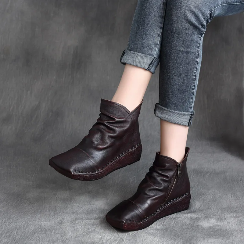 

Women Leather Boots Martin Low Heels Wedge Shoes Women Spring Genuine Leather Soft Black AnKle Boots WOmen Retro Shoes Handmade