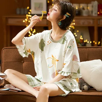 

2020New pure cotton large short sleeve pajamas for women summer thin girl Korean version set princess style can be worn outside