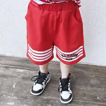 Летний стиль, популярный бренд детской одежды в японском стиле, мужские и женские детские брюки, спортивные шорты в полоску с надписью