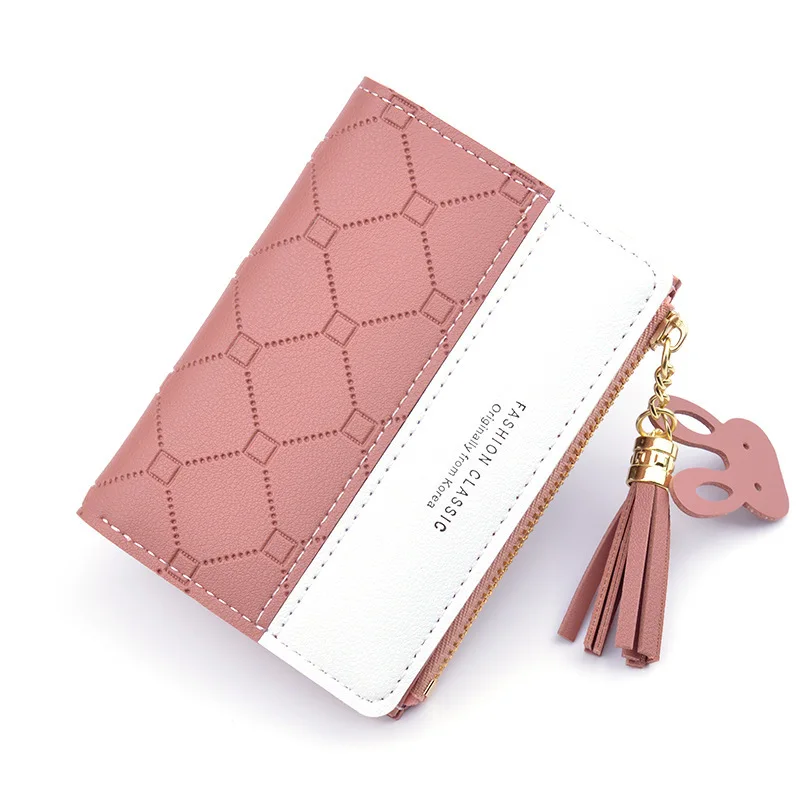 

New Women Short Wallet Patchwork Small Zipper Purse Checked Embossed Tassel Wallets Cute Simple Card Holder Pink Mini Money Bags