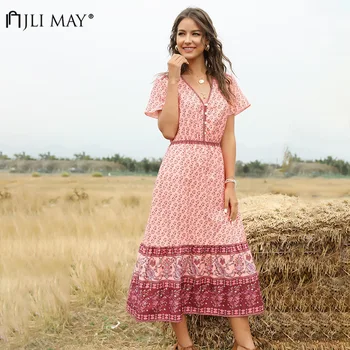 

JLI MAY Print Bohemian Dress Women Summer V-Neck Short Sleeve Button Empire A-Line Slim Elegant Mid-Calf Sundress