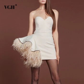 

VGH Patchwork Feather Dress For Female Slash Neck Strapless High Waist Asymmetrical Dresses Womens Fashion Clothes Tide