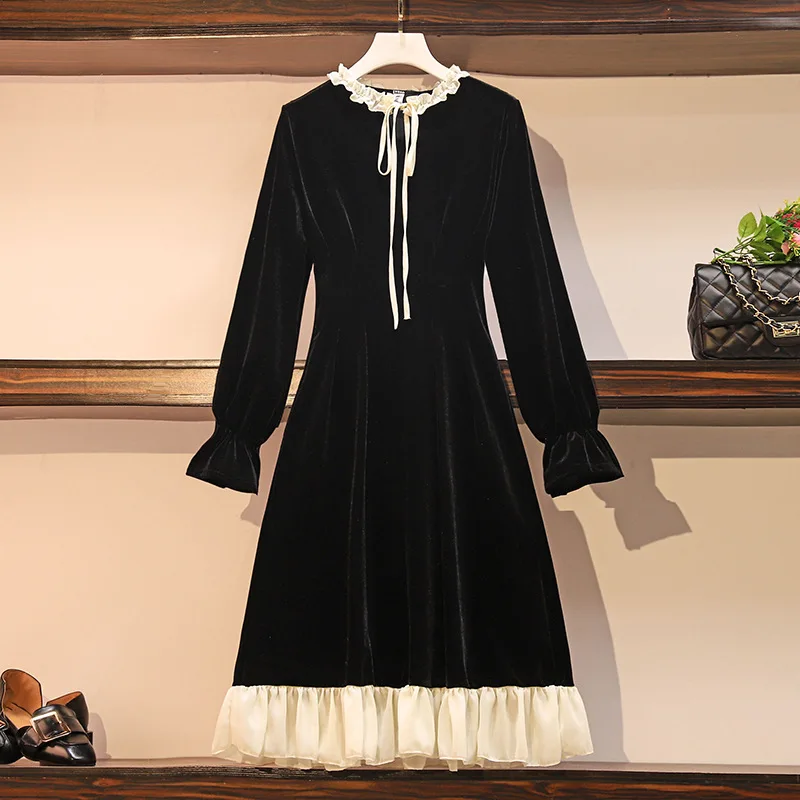 

Large Size Dress 2020 Spring Style Black Velvet Underwear Base Large Girl's Frilled Dress