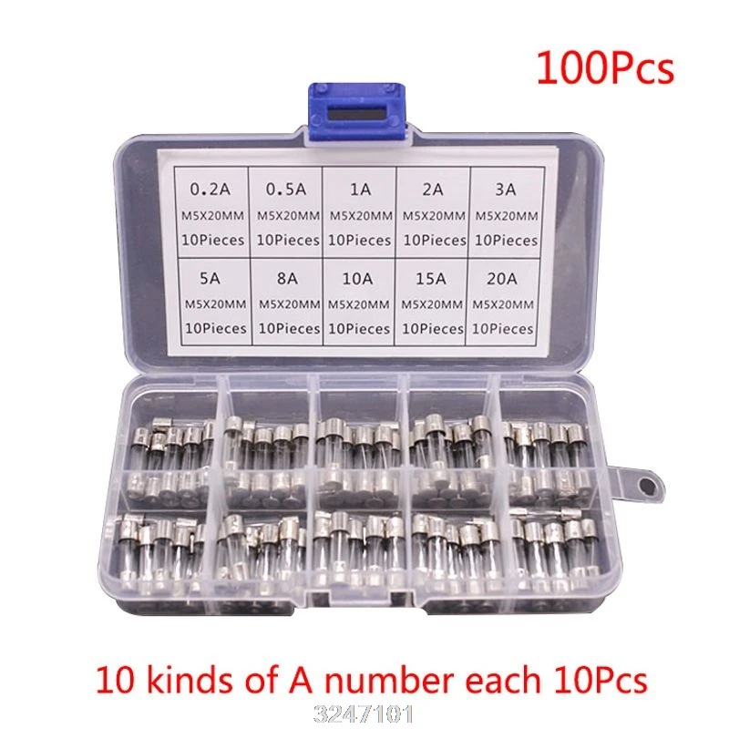 100 шт./кор. 5x20mm Fast Blow Стекло предохранители в ассортименте комплект 250V 0,2-20A для автомобиля грузовика