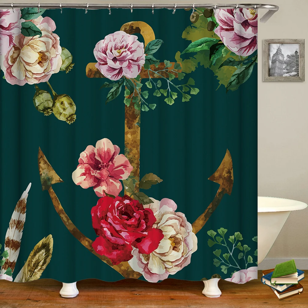

Flowers Nautical Anchor Shower Curtains Waterproof Fabric 3d Bathroom Curtains With Hooks Decoration Bath Screen