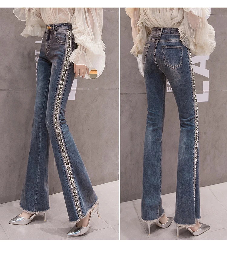 

2019 New Sexy High Waist Elastic Stretch Slim Flared Pants Jeans Women Trouser Embroidery Autumn