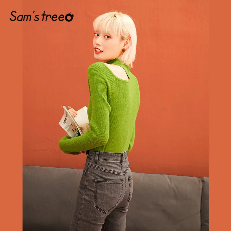 SAM'S TREE/черный однотонный вязаный пуловер с вырезами, женские свитера, зимние зеленые обтягивающие офисные женские топы на каждый день