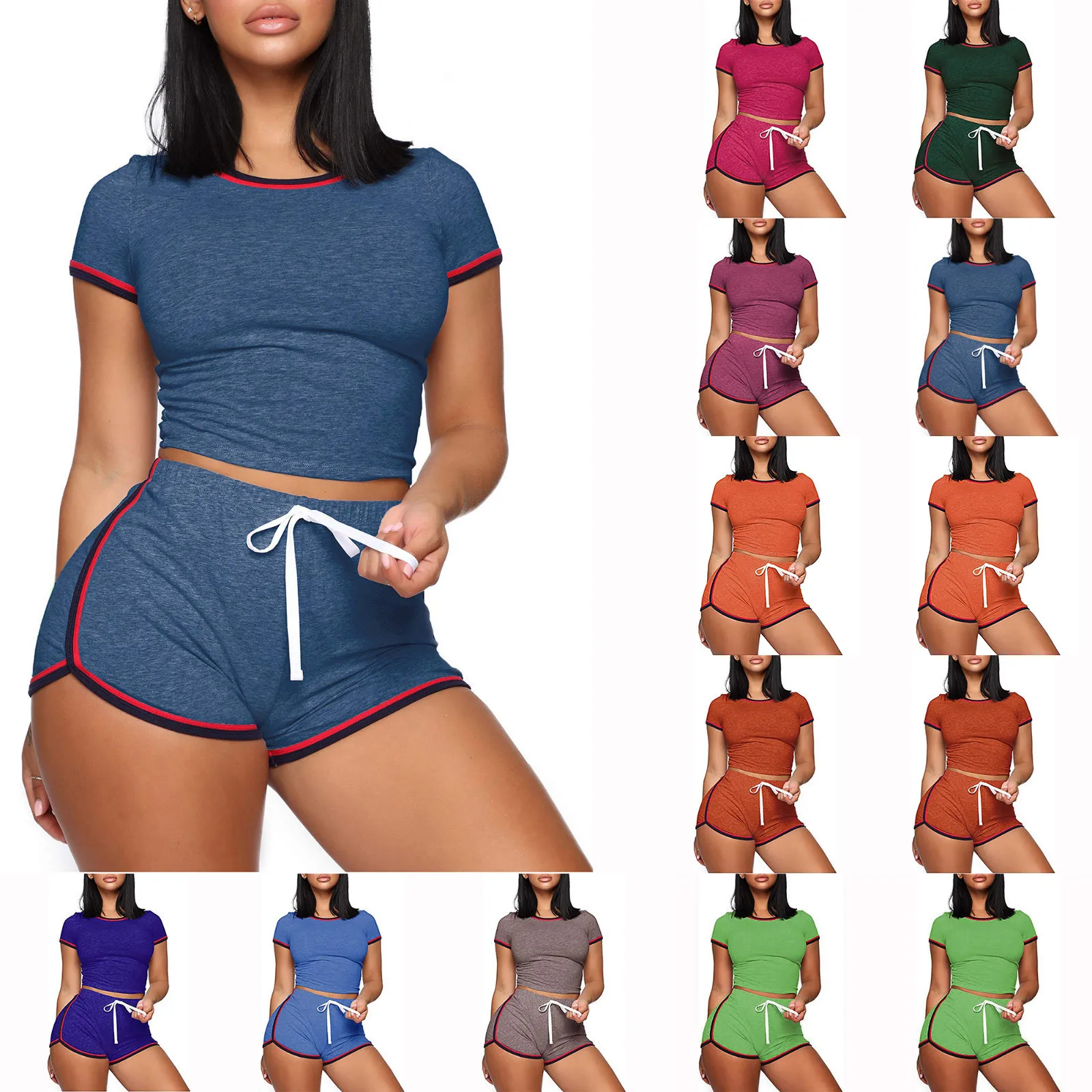 Women Two Pieces Sets Tracksuits Short Sleeve Tops+Jogger Shorts Pants Suit Sport Fitness Casual Outfit Set conjuntos de mujer 1