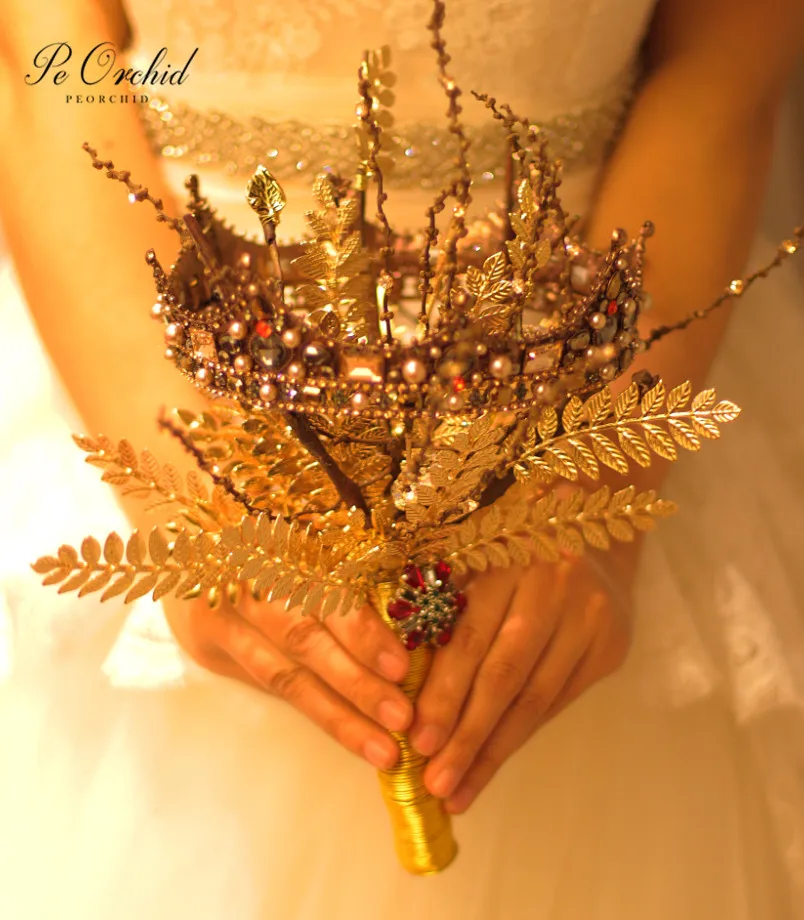 Пеорхидея Готический золотой свадебный букет Роскошная корона лист высокого класса на заказ красивые цветы броши свадебный букет