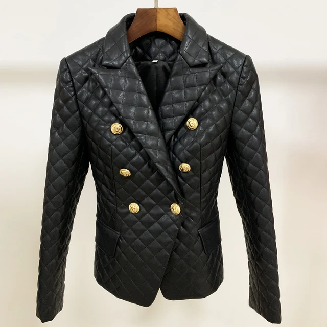 TOP QUALITY Double-Breasted Lion-Buttons Grid-Sewing Synthetic-Leather Blazers 2