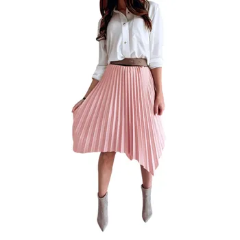 

Sexy Golden Women's Pleated Half-length Pleated loose Skirt Summer Elegant Medium-length High Waist Show Thin Organ Long Skirt