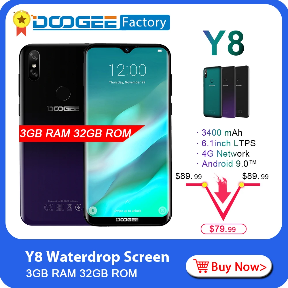 DOOGEE Y8 Android 9 0 в виде капли воды 6 1 дюймов дисплей смартфона 4 аппарат не привязан к