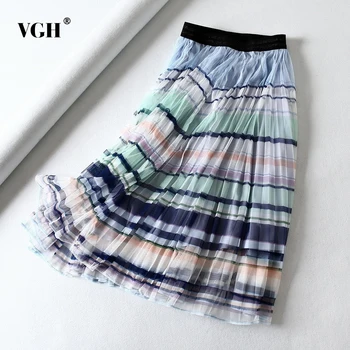 

VGH Elegant Print Striped Patchwork Mesh Skirt For Women High Waist A Line Casual Skirts Female 2020 Autumn Fashion New Clothing