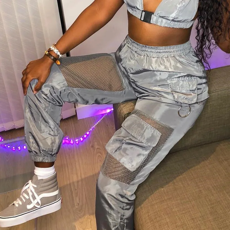 

High Waist Mesh Patchwork Pants Streetwear High Waist Pockets Cargo Pants Loose Jogger Streetwear Sweatpants Women Girl Trousers