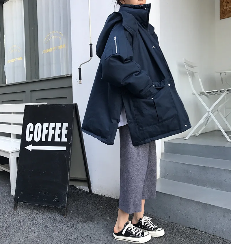 

Workwear Cotton Coat Women's Mid-length 2019 Autumn And Winter New Style Korean-style Loose-Fit Students Thick Hooded Cotton-pad