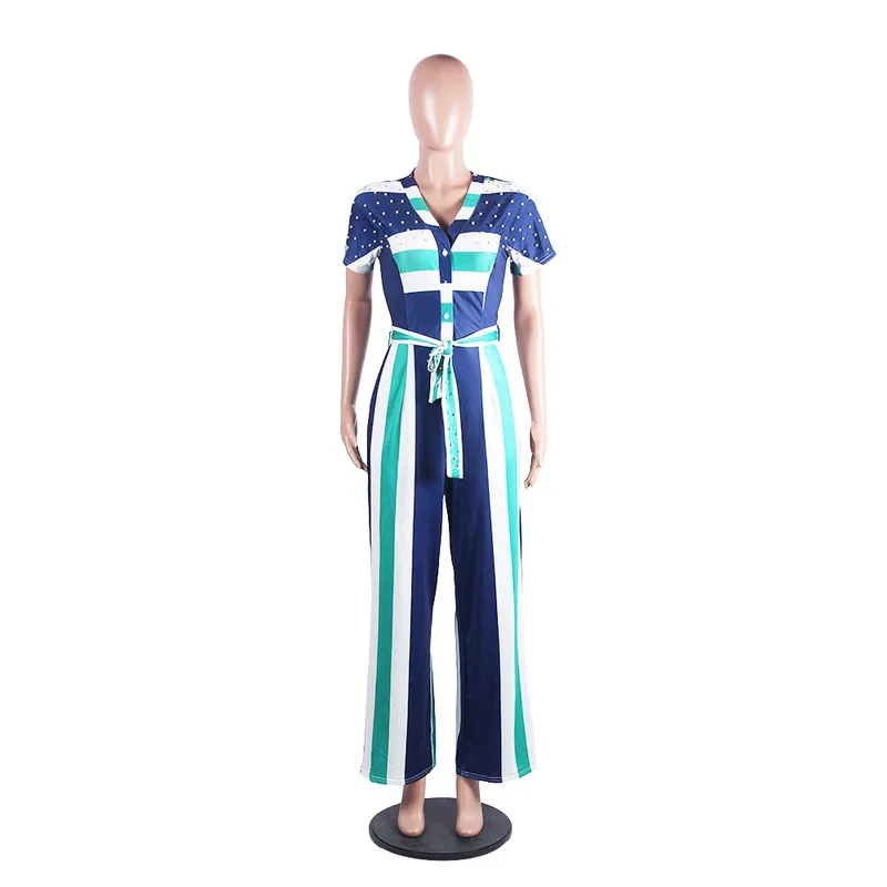 Украшенный бисером полосатый сексуальный комбинезон для женщин с коротким рукавом и пуговицами, широкий комбинезон с поясом, Облегающий комбинезон с v-образным вырезом размера плюс