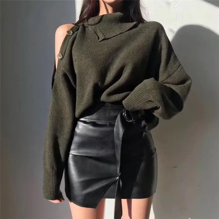

2019 Winter Women Basic Sweater Solid Casual Cold Shoulder Pullover Pullovers Autumn Turtleneck Knitted Knit Sweater Female