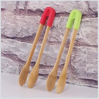 

Bamboo Food Clip Wooden Salad Cake Snack Clip Grip Silicone Handle Bread BBQ Tongs Clamp Cooking Utensils Kitchen Tools#25