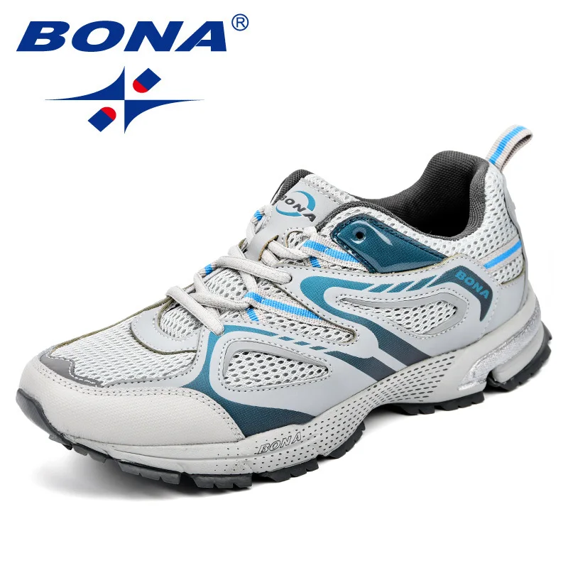 BONA/Новое поступление; классические стильные мужские кроссовки из яловичного спилка с сеткой; Мужская Спортивная обувь на шнуровке для бега на открытом воздухе; Zapatos de hombre - Цвет: Light Gray Lake Blue