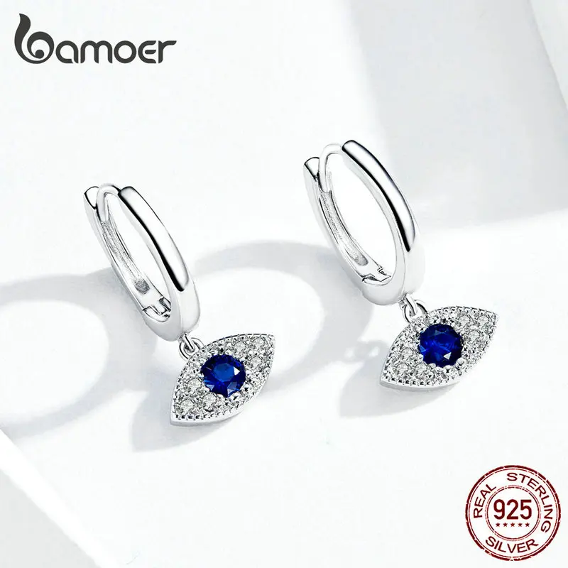 bamoer Silver 925 Jewelry Blue Eye Drop Earrings for Women Wedding Statement Protection Fashion Jewelry Bijoux Oreilles BSE274