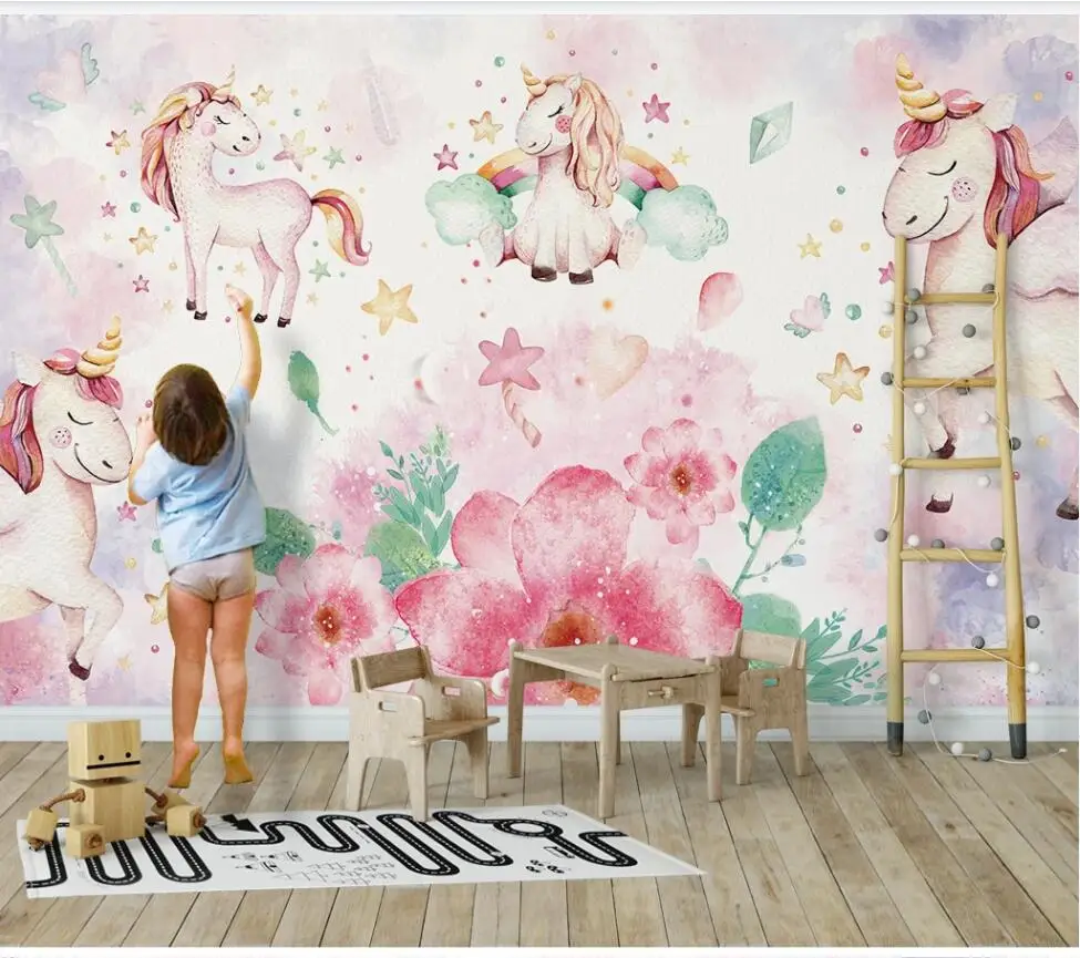 

XUE SU Large custom mural wallpaper pink Nordic simple unicorn children's room background wall covering