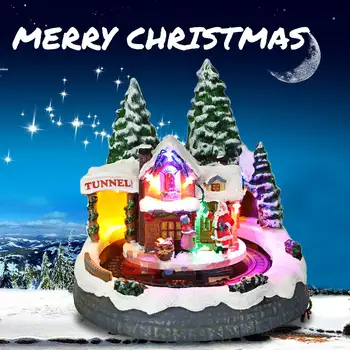 

Miniature Resin Christmas Village Houses Lighted Animated Christmas Village Scene with Church and Train Station and Colorful Led