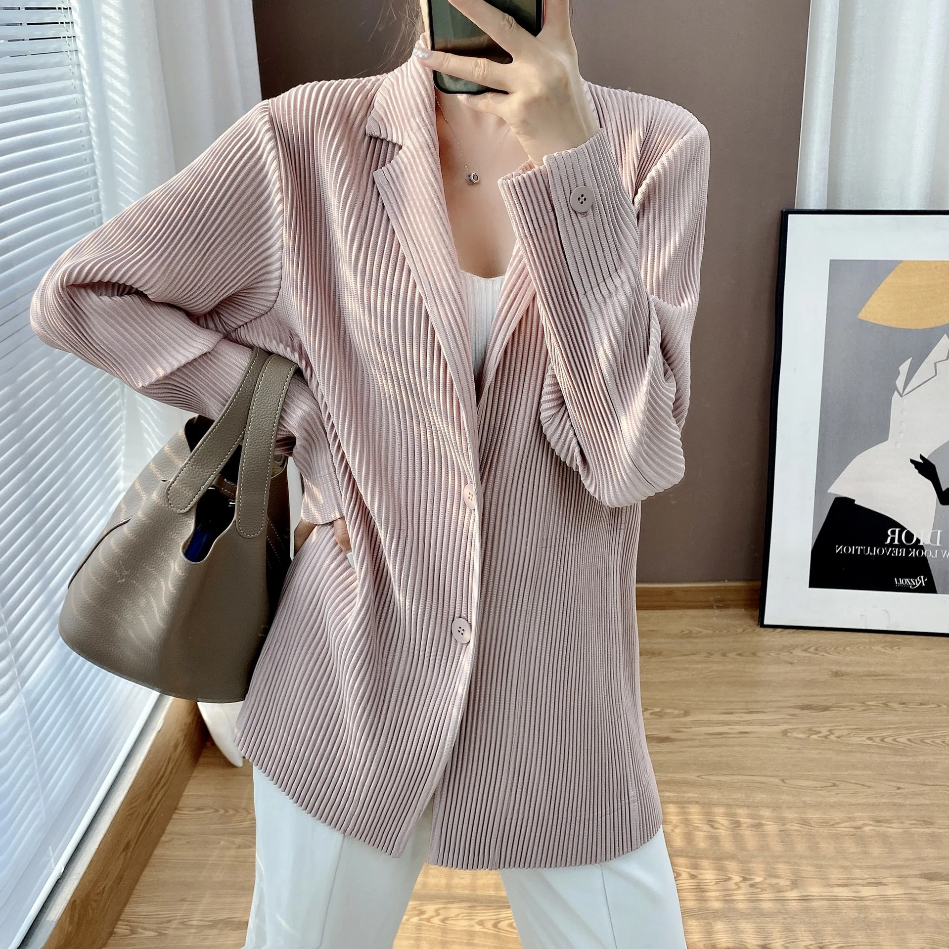 women's autumn and winter new casual suit jacket Miyak fold Fashionable Loose Large Size Long Sleeve Suit Mid-length Thicken Top