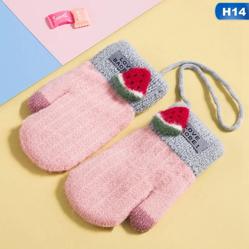 H14 1 пара милых детских перчаток с рисунками из мультфильмов, зимние бархатные плотные теплые перчатки для мальчиков и девочек, шерстяные вязаные детские варежки на палец - Цвет: H14