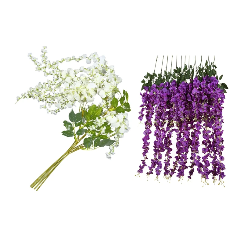 Top-12Pcs Artificial Silk Wisteria Vine Ratta Silk Hanging Flower Wedding Decor, 6Pcs White& 6Pcs Purple