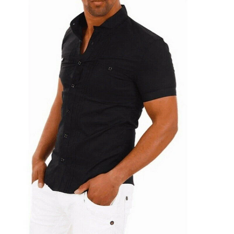 Men V Neck Formal Slim Fit Solid Shirt Tops 2019 Clothes For Men Black White Mens Summer Casual Short Sleeve Button Down Shirts