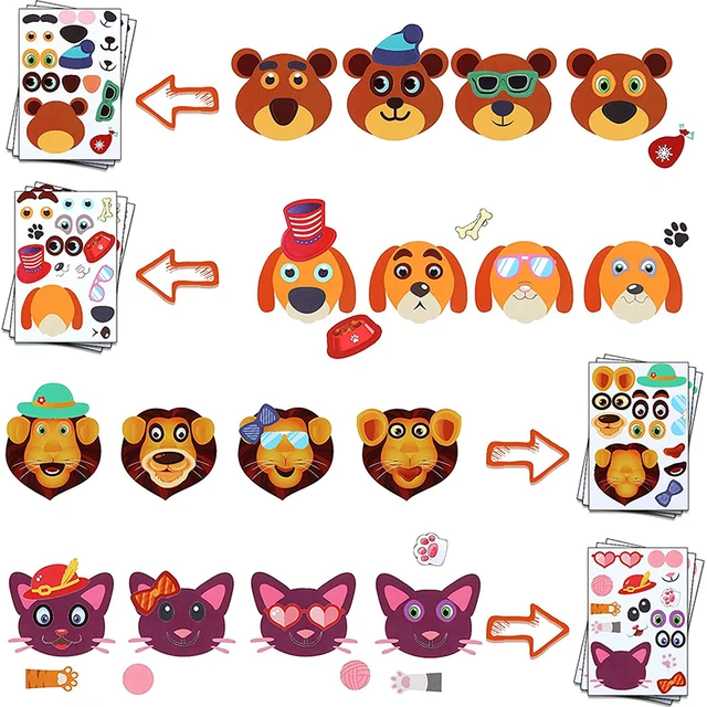24Sheets Children DIY Puzzle Sticker Games 12 Animals Face Funny Assemble Jigsaw Stickers Kids Educational Toys Boys Girls Gifts 2