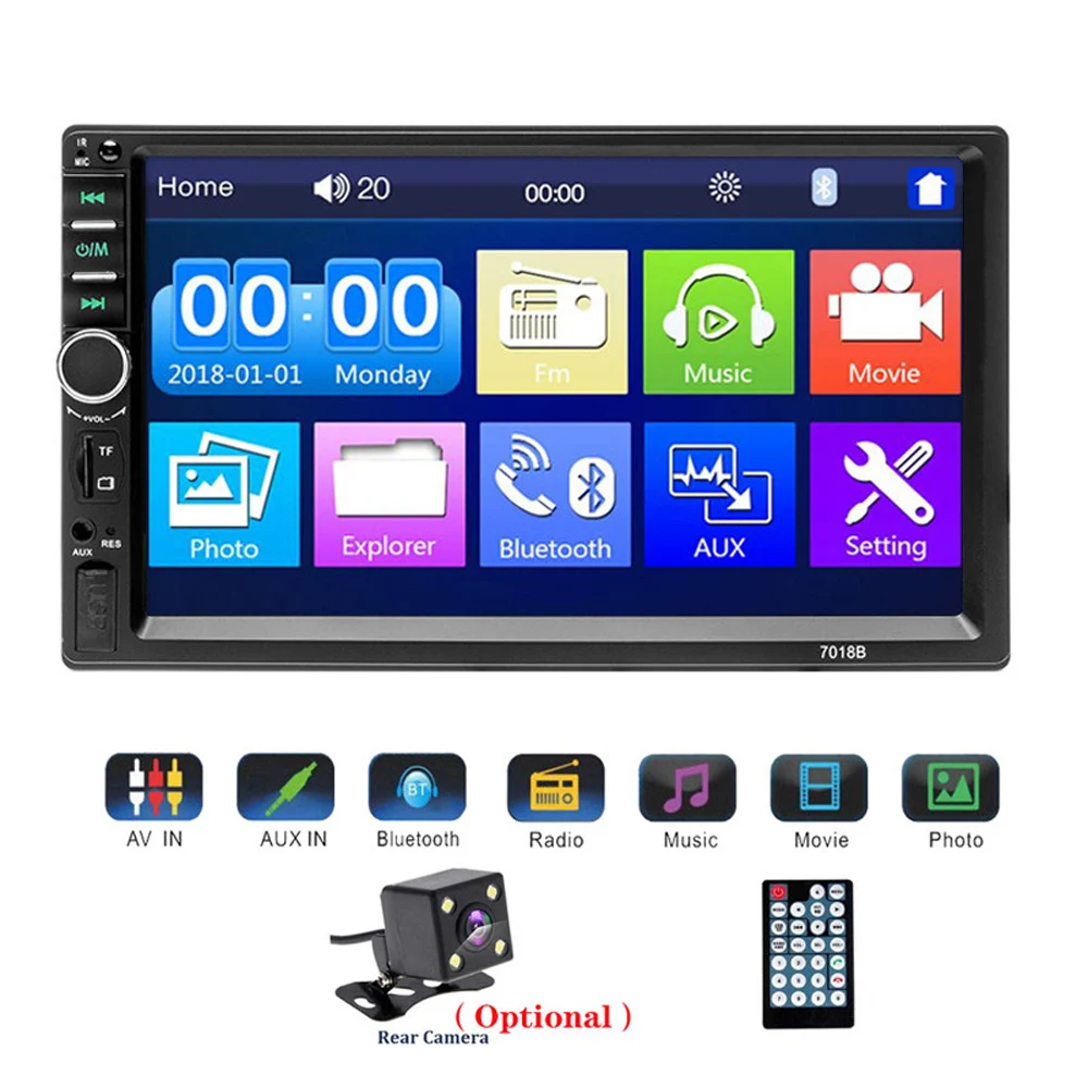

7018B Car Radio FM Station MP3 Player 1 Din Audio Stereo USB AUX TF Card Bluetooth With Rear View Camera Remote Control Player