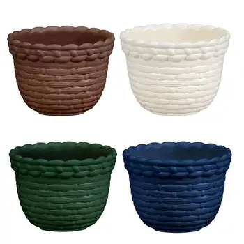 

4pcs Plastic Ratten Style Flower Basket Round Flower Pot Planters Flower Container Garden Flowerpot for Indoor and Outdor
