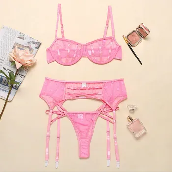 

3 Pieces Sexy Women Lace Underwear Set Floral Seamless Underwire Bra +G-String With Garter Lingerie Set Female Underwear Thong