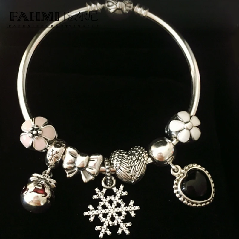 

FAHMI 100% 925 Sterling Silver Winter Christmas Bracelet Set Snowflake Daisy Bow Flock Bag Glass Charm Women Original Jewelry