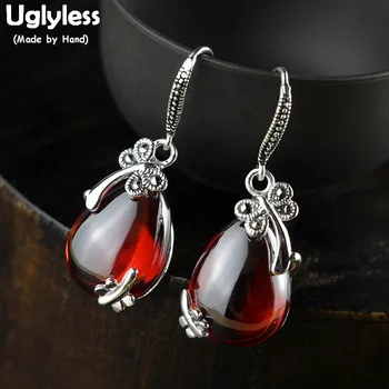 

Uglyless Marcasite Butterfly Earrings for Women Waterdrop Garnet Earrings Solid 925 Sterling Silver Garnet Brincos Jewelry E1614