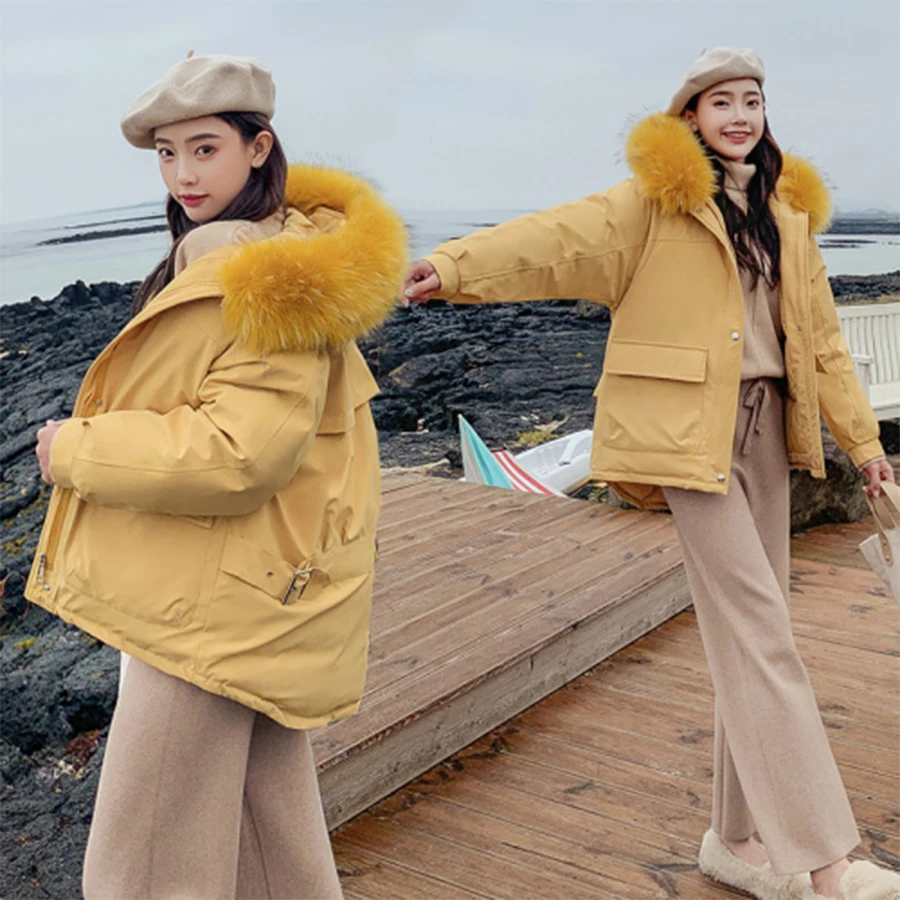 Мех с капюшоном утолщаются теплые зимние пуховые пальто для женщин Твердые Карманы размера плюс хлопковые куртки корейские женские модные элегантные парки Новые