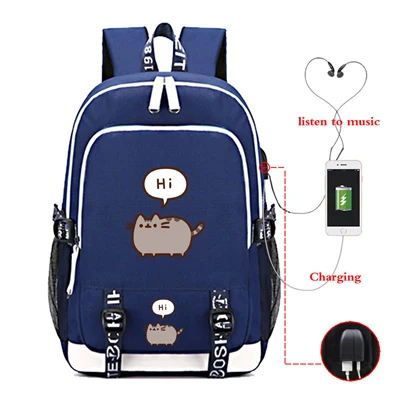 Забавный Pusheen напечатанный usb зарядный наушник отверстие рюкзак для учеников, мальчиков и девочек Плечи сумка путешествия повседневные Рюкзаки