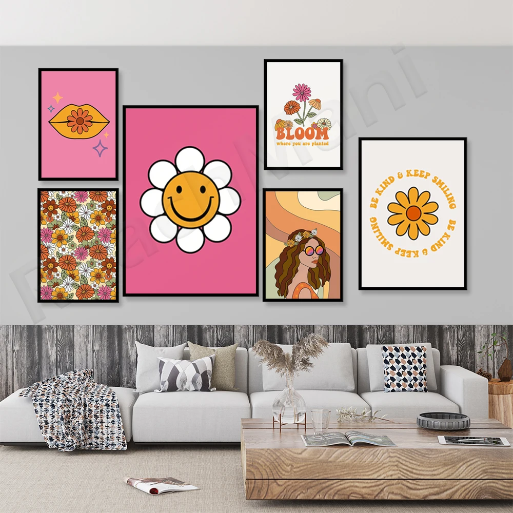 70S Retro Hippie Stampe, Fioritura Estetica Stampe, Affermativa Di Arte Della Parete, Arte Della Parete 70S Hippie Decorazione Alla Moda Della Boemia 