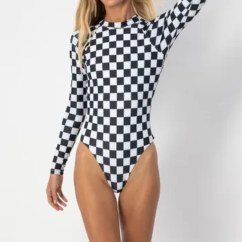 

Retro Plaid Print Long Sleeve One Piece Bikini Set Women Multicolour Backless Tankini Swimsuits Checkered Padded Bathing Suit