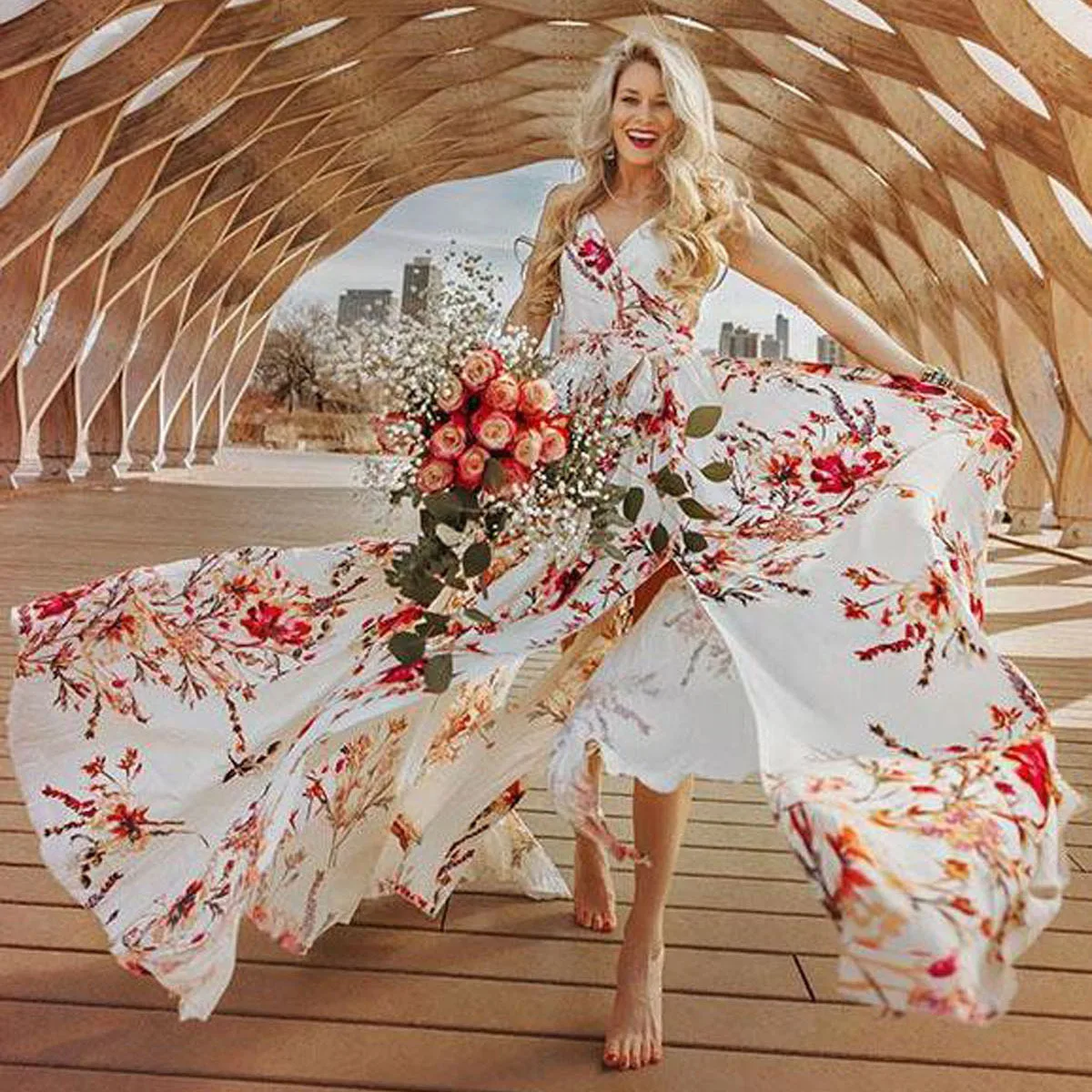 

Women Boho Long Dress Summer Casual Sleeveless Pullover Floral Print Split Fashion Flower Dresses Woman Party Night