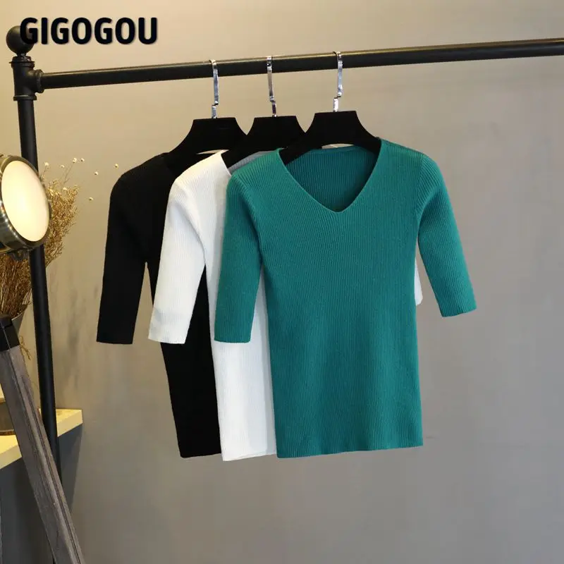 GIGOGOU Basic Women Sweater Knitted Pullover V Neck Soft Jumper Half Sleeve Crop Sweaters Jersey Mujer Invierno | Женская одежда