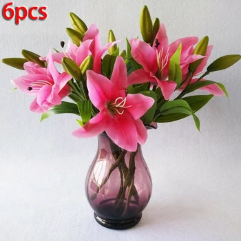 

6pcs Artificial Lily Wedding Bridal White Lily Flower Bouquet Heads Fake Flowers DIY Home Decor For Placing In A Vase, Filling