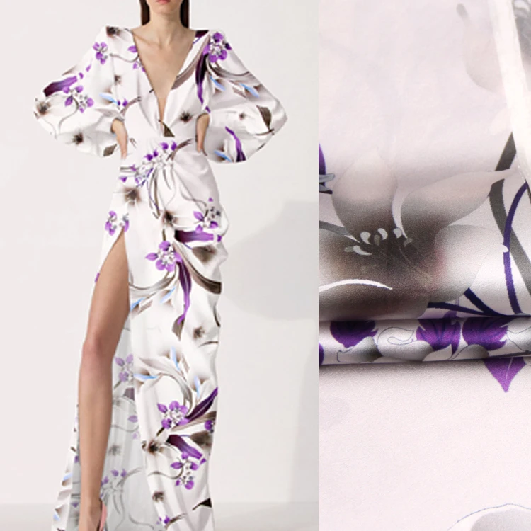 118 см ширина 19 мм элегантная Орхидея печать 93% шелк и 7% спандекс стрейч шелк атласная ткань для летнего платья куртка D1084