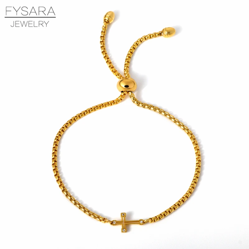 Gold color cross FYSARA Крест Звезда Сердце Очаровательные Кристаллы золотые браслеты серебро Нержавеющая сталь звено цепи браслет для женщин Религиозные ювелирные изделия - Metal Color: Gold color cross
