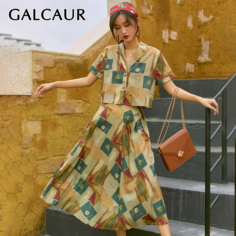 

GALCAUR Pattern Print Two Piece Set Female Lapel Short Sleeve Loose Shirt High Waist Elastic Skirt Women's Sets Casual 2019 New