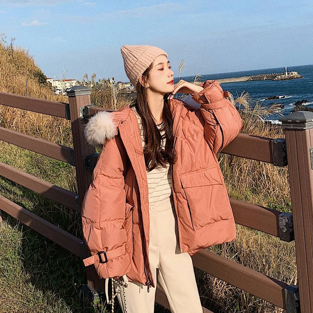 

Photo Shoot Main Push waitmore College Style Warm Orange Loose-Fit Mid-length Hooded Large Fur Collar Cotton Coat Coat Women's W
