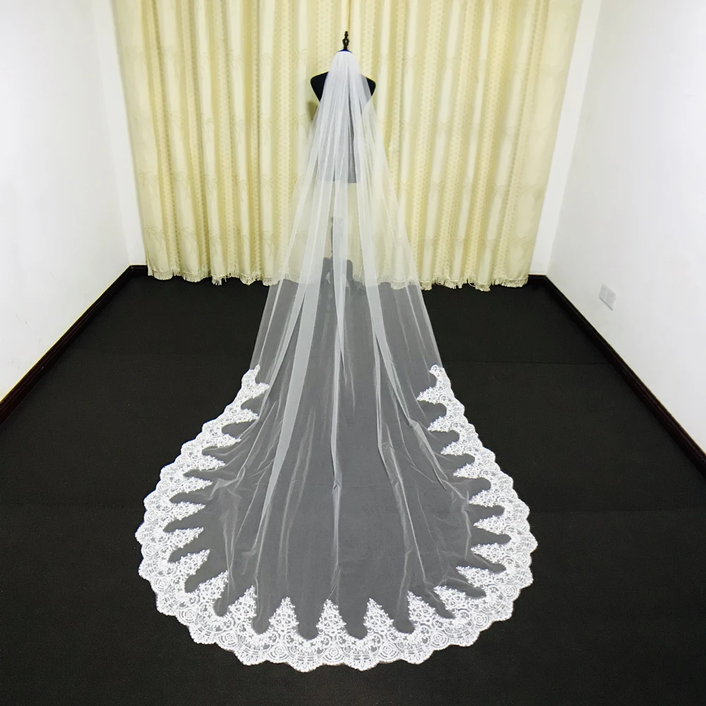 Real Photos White/Ivory Mantilla Cathedral Bridal Veil Length Lace Edge Long With Metal comb Wedding Accessories